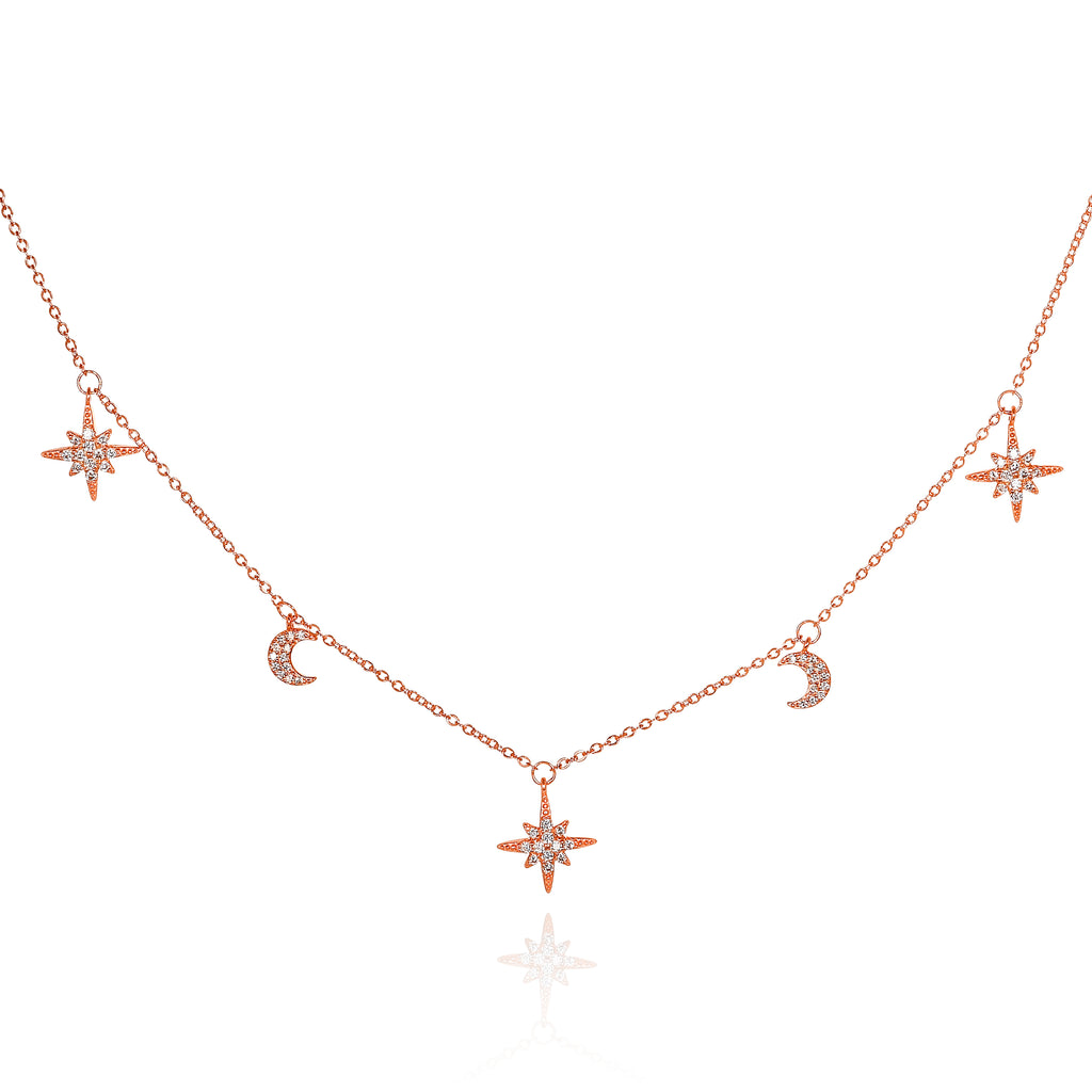 Rose Gold Plated 925 Sterling Silver Moon and Star Charm Necklace For Women