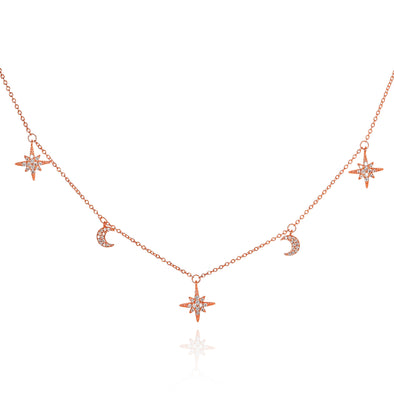 Rose Gold Plated 925 Sterling Silver Moon and Star Charm Necklace For Women