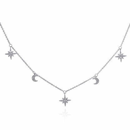 Dainty Moon and Star Charm Necklace in 925 Sterling Silver For Women
