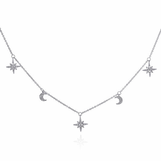 Dainty Moon and Star Charm Necklace in 925 Sterling Silver For Women