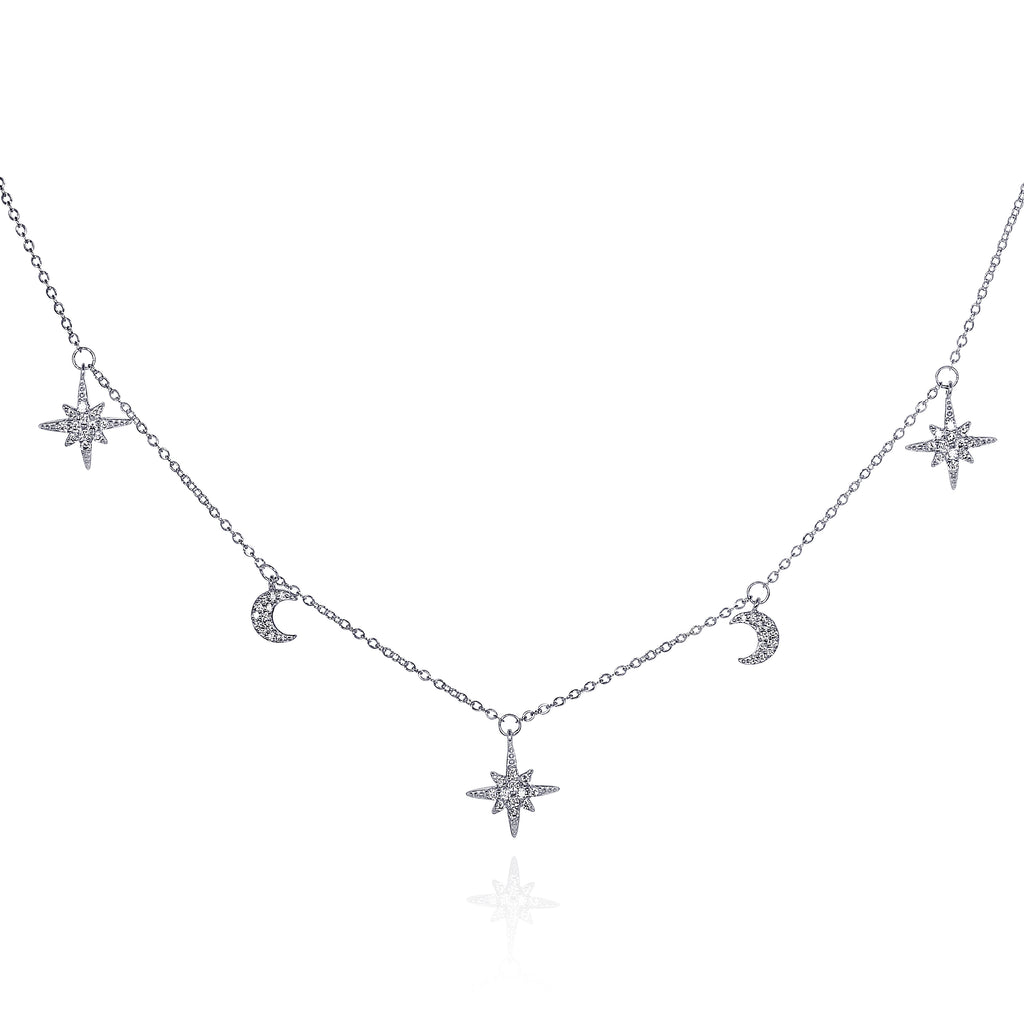 Dainty Moon and Star Charm Necklace in 925 Sterling Silver For Women