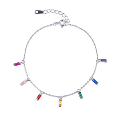 925 Sterling Silver Rainbow Coloured Buguette Charm Bracelet for Women