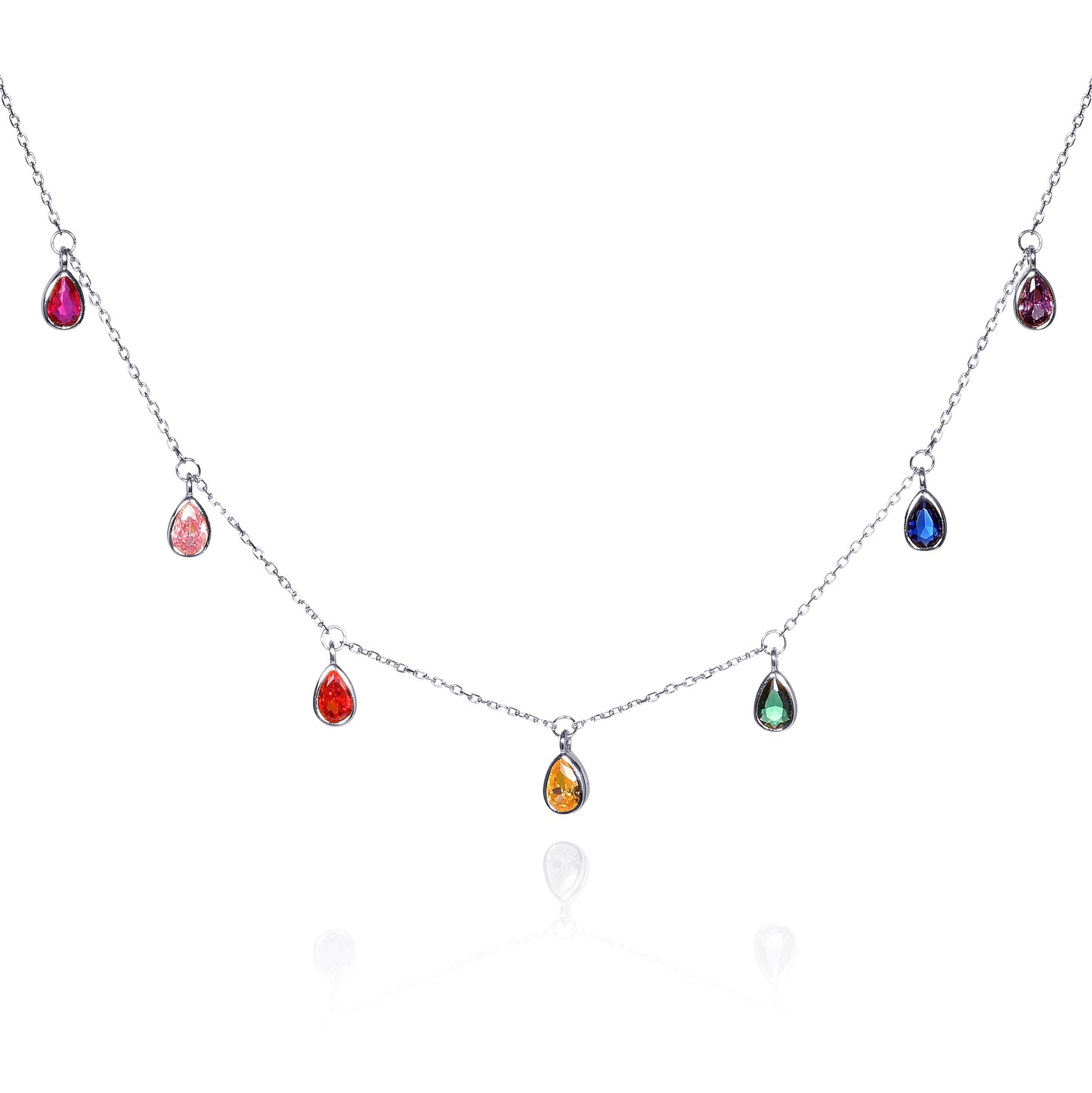 925 Sterling Silver Rainbow Coloured Pear Shaped Charm Necklace for Women