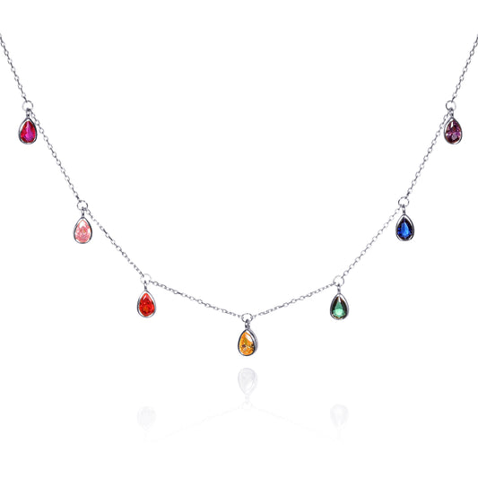 925 Sterling Silver Rainbow Coloured Pear Shaped Charm Necklace for Women