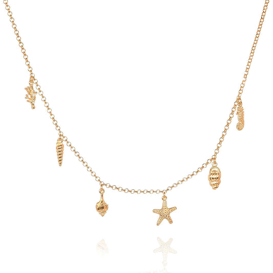 Gold Plated Sterling Silver Necklace with Starfish, Shells, Seahorse and Coral Charms for Women