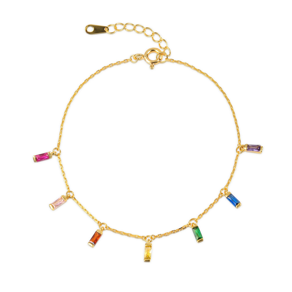 Gold Plated 925 Sterling Silver Rainbow Coloured Charm Bracelet for Women