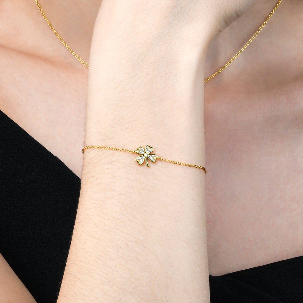 Gold Plated 925 Sterling Silver Dainty Lucky 4-Leaf Clover Bracelet For Women