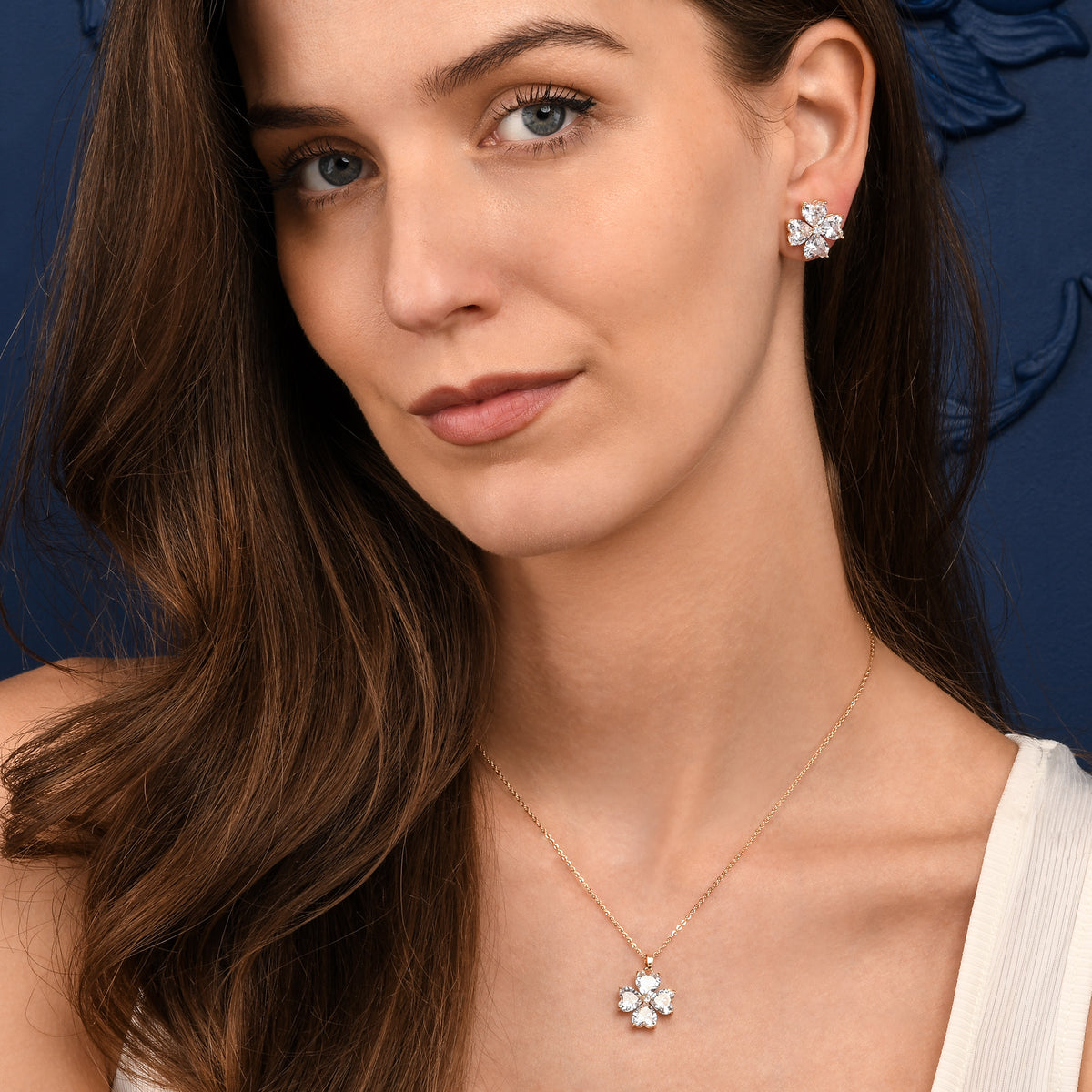 Gold Large Clover Stud Earrings With Heart Shaped CZ Stones