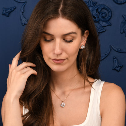 Gold Large Clover Stud Earrings With Heart Shaped CZ Stones