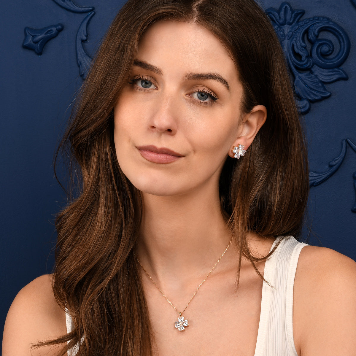 Gold Large Clover Stud Earrings With Heart Shaped CZ Stones