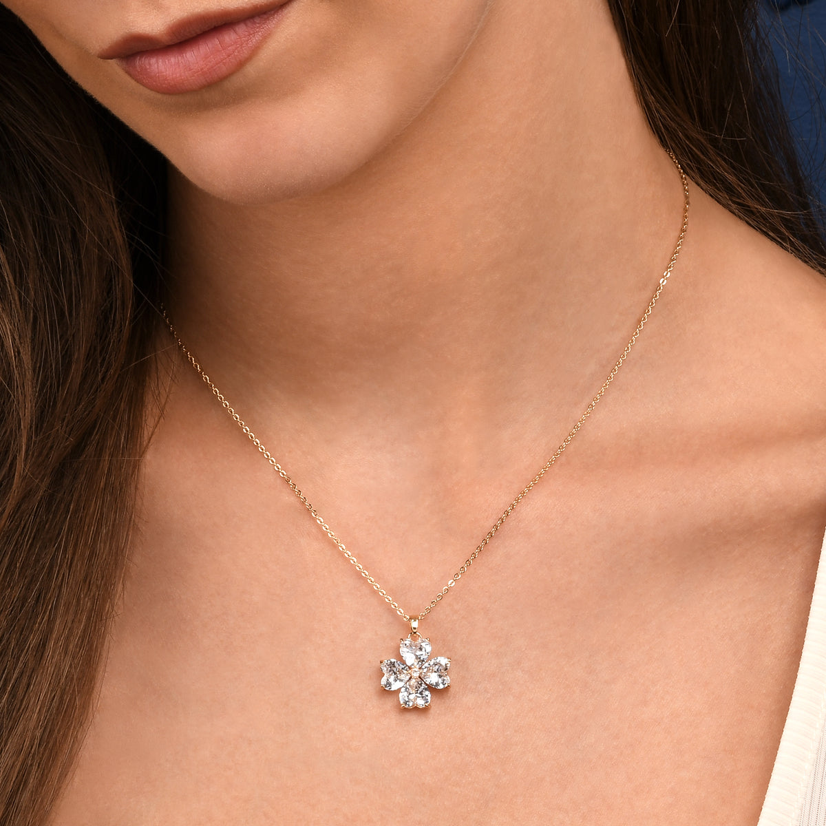 Gold Four Leaf Clover Pendant Necklace for Women with Heart Shaped CZ Stones