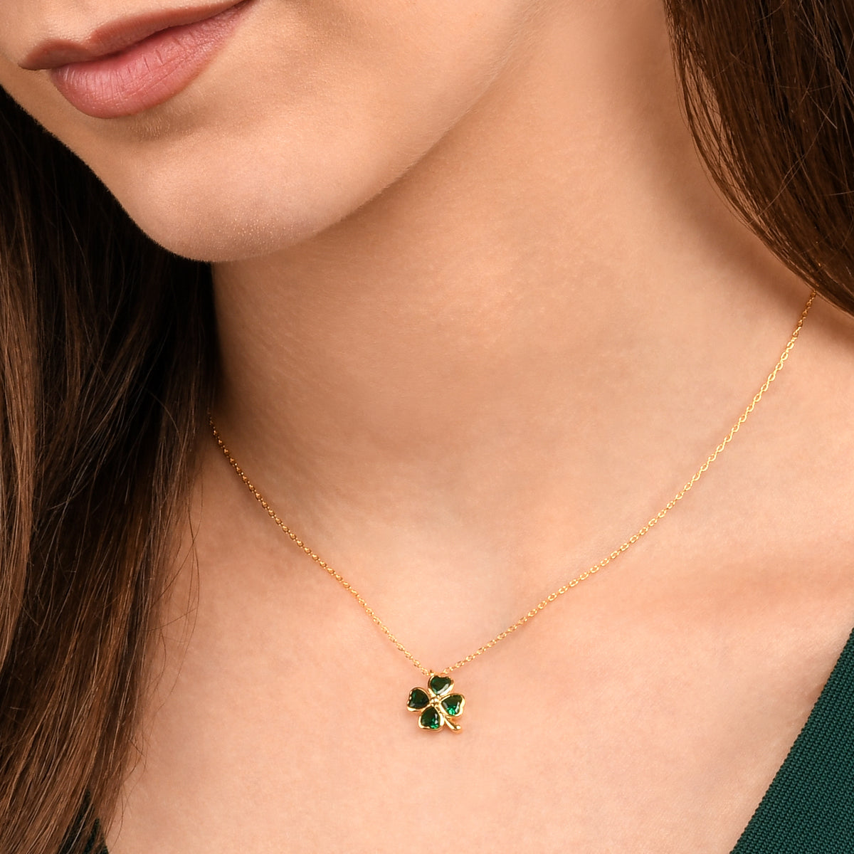 Gold Green Four Leaf Clover Pendant Necklace with Green CZ Hearts
