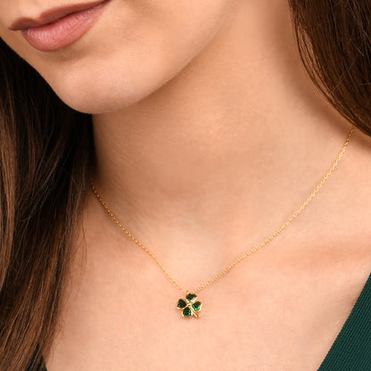 Gold Green Four Leaf Clover Pendant Necklace with Green CZ Hearts