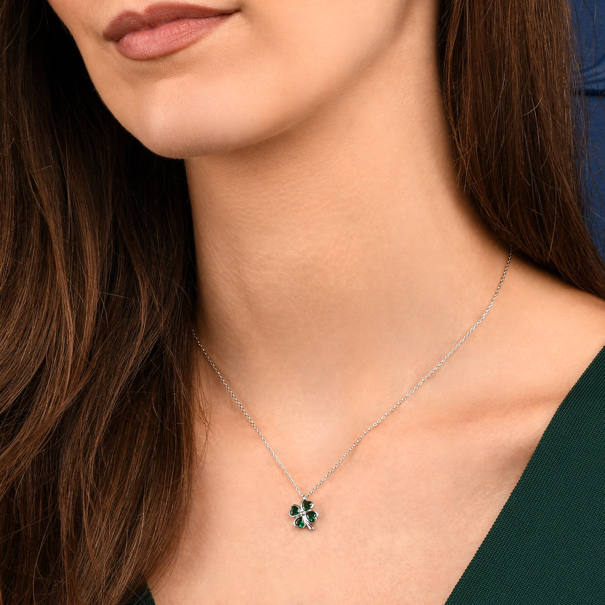 Silver Green Four Leaf Clover Pendant Necklace with Green CZ Hearts