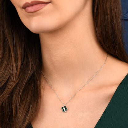 Silver Green Four Leaf Clover Pendant Necklace with Green CZ Hearts
