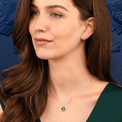 Silver Green Four Leaf Clover Pendant Necklace with Green CZ Hearts