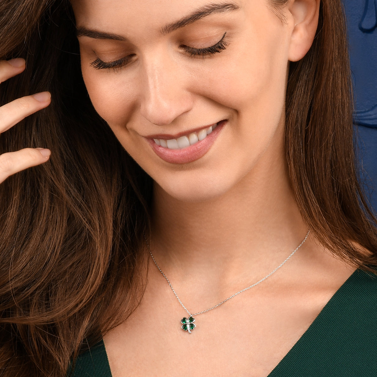Silver Green Four Leaf Clover Pendant Necklace with Green CZ Hearts