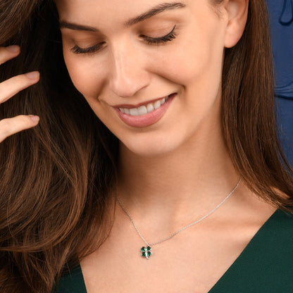 Silver Green Four Leaf Clover Pendant Necklace with Green CZ Hearts