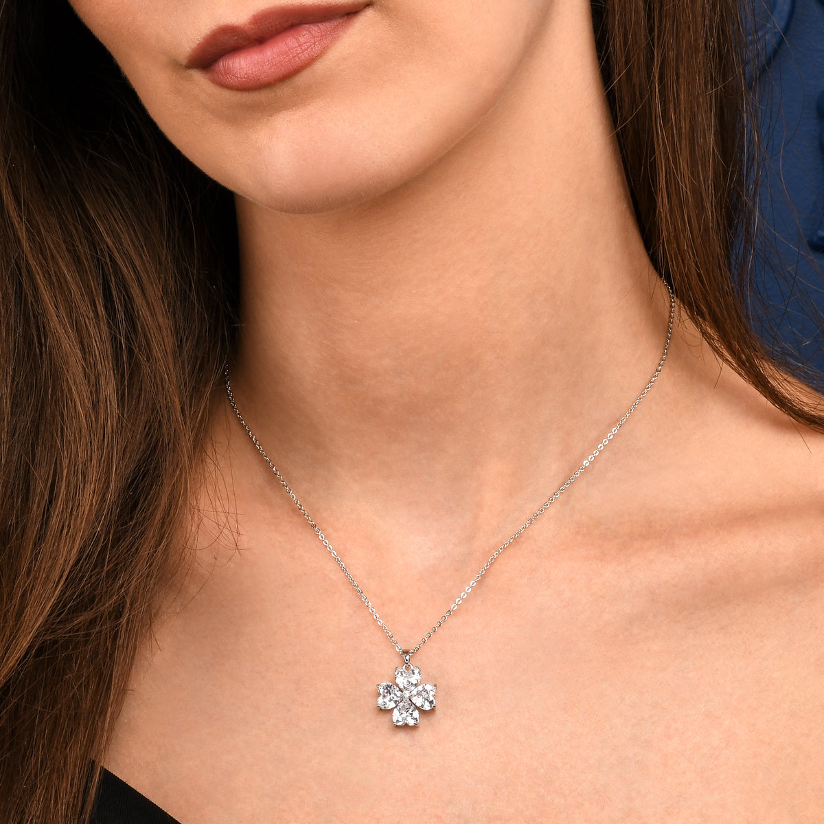 Silver Four Leaf Clover Pendant Necklace for Women with Heart Shaped CZ Stones