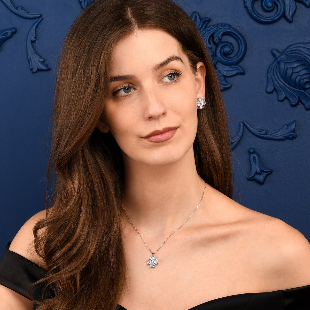 Silver Large Clover Stud Earrings With Heart Shaped CZ Stones
