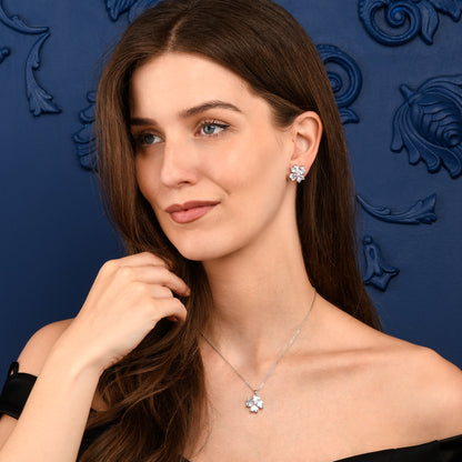 Silver Four Leaf Clover Pendant Necklace for Women with Heart Shaped CZ Stones