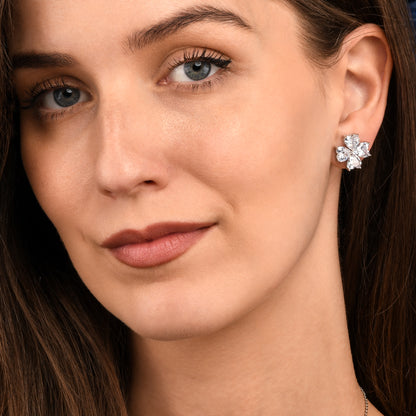 Silver Large Clover Stud Earrings With Heart Shaped CZ Stones
