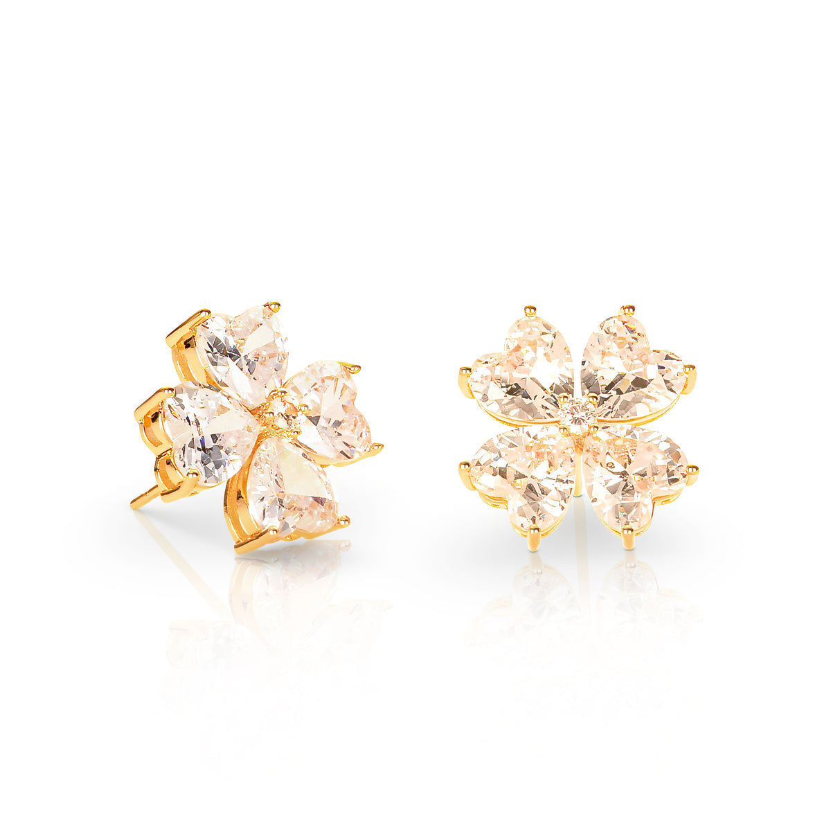 Gold Large Clover Stud Earrings With Heart Shaped CZ Stones