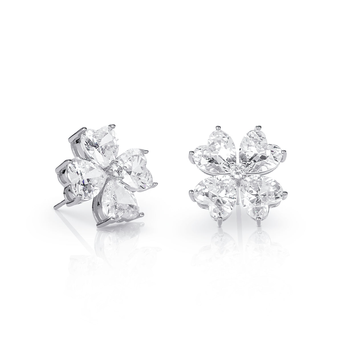 Silver Large Clover Stud Earrings With Heart Shaped CZ Stones