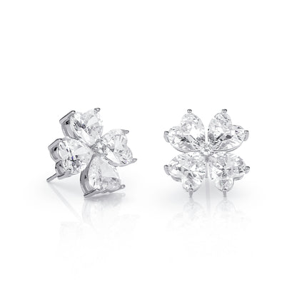 Silver Large Clover Stud Earrings With Heart Shaped CZ Stones