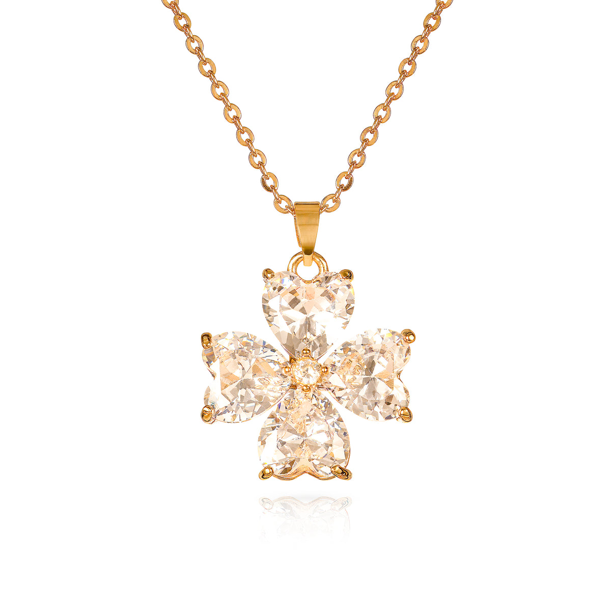 Gold Four Leaf Clover Pendant Necklace for Women with Heart Shaped CZ Stones