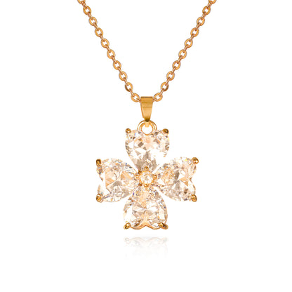Gold Four Leaf Clover Pendant Necklace for Women with Heart Shaped CZ Stones