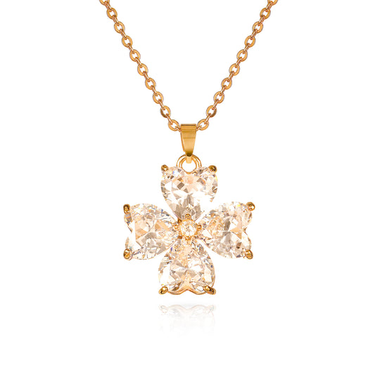 Gold Four Leaf Clover Pendant Necklace for Women with Heart Shaped CZ Stones