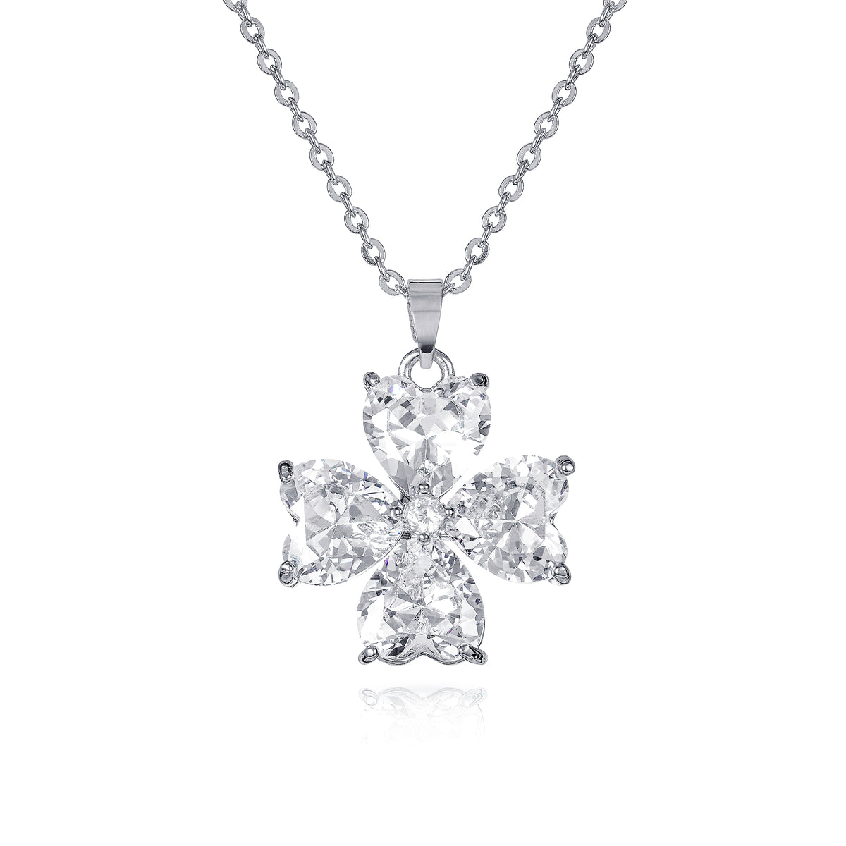 Silver Four Leaf Clover Pendant Necklace for Women with Heart Shaped CZ Stones