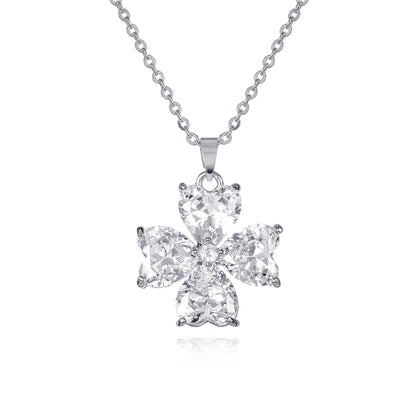 Silver Four Leaf Clover Pendant Necklace for Women with Heart Shaped CZ Stones