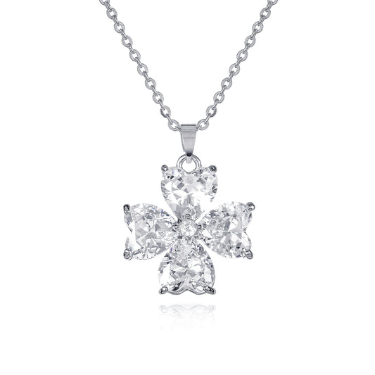 Silver Four Leaf Clover Pendant Necklace for Women with Heart Shaped CZ Stones