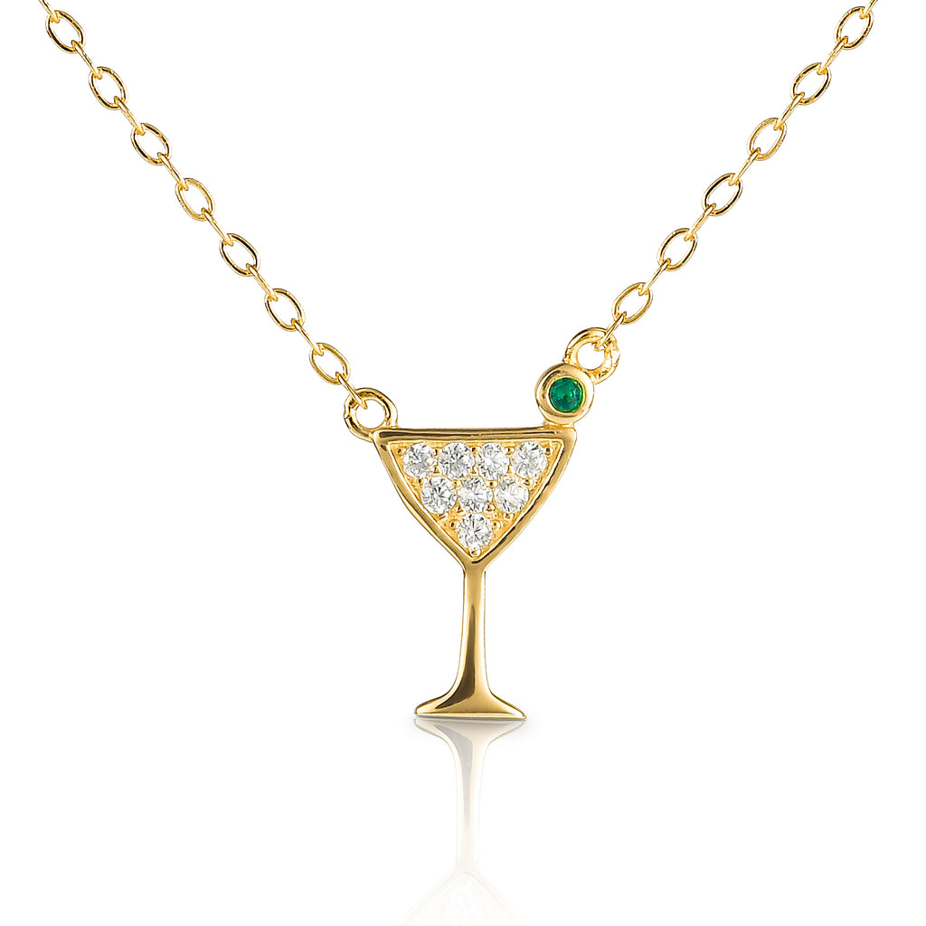 Gold Plated Sterling Silver Cocktail Glass Pendant Necklace with Cubic Zirconia