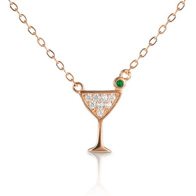 Rose Gold Plated Sterling Silver Cocktail Glass Pendant Necklace with Cubic Zirconia