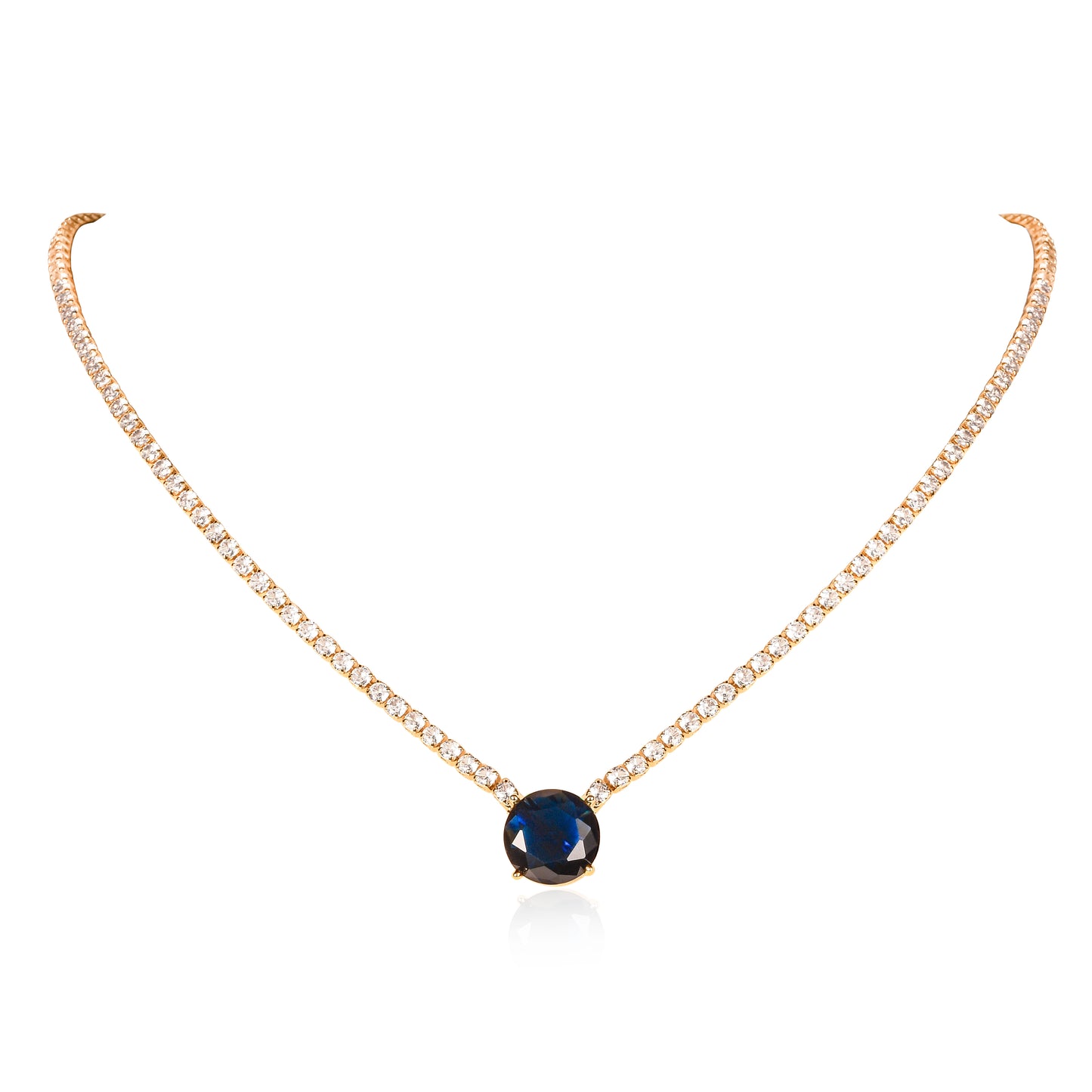 Gold Necklace with a Large Centre Blue Cubic Zirconia Stone
