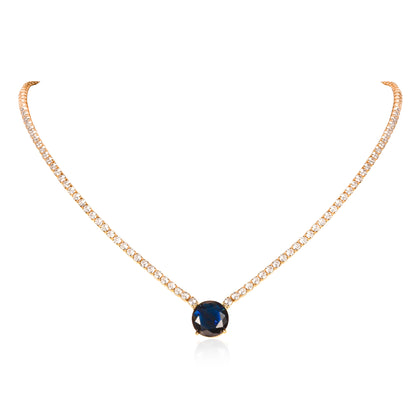 Gold Necklace with a Large Centre Blue Cubic Zirconia Stone