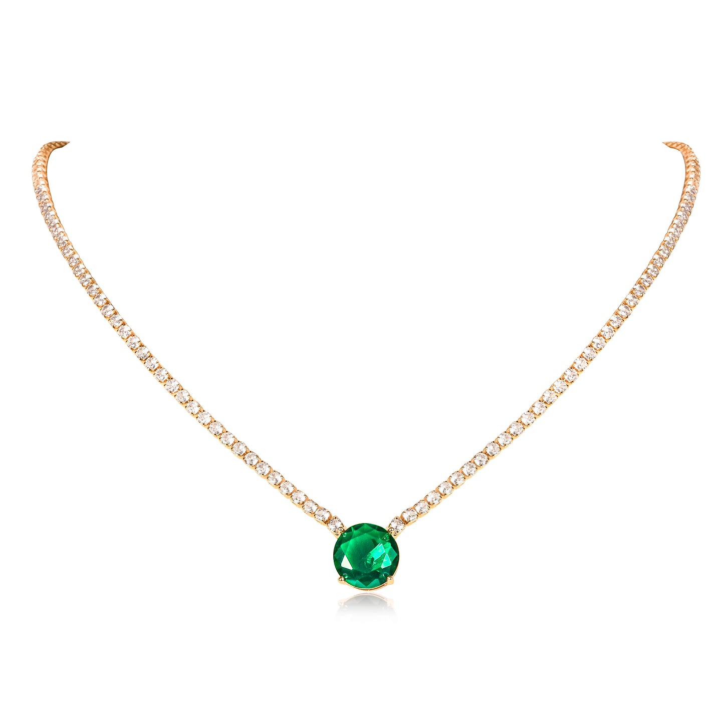 Gold Necklace with a Large Centre Green Cubic Zirconia Stone