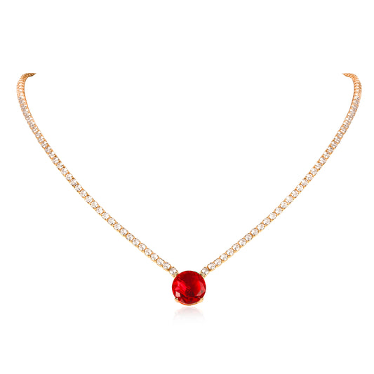 Gold Necklace with a Large Centre Red Cubic Zirconia Stone