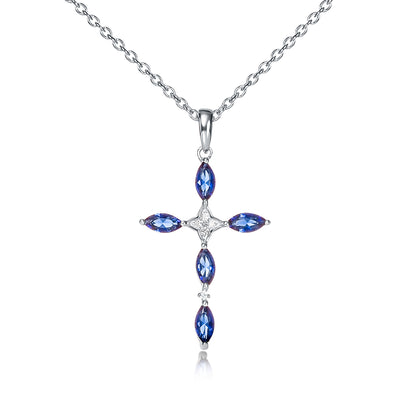Sterling Silver Cross Necklace for Women with Blue Stones