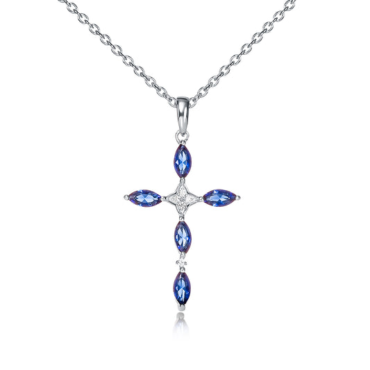 Sterling Silver Cross Necklace for Women with Blue Stones