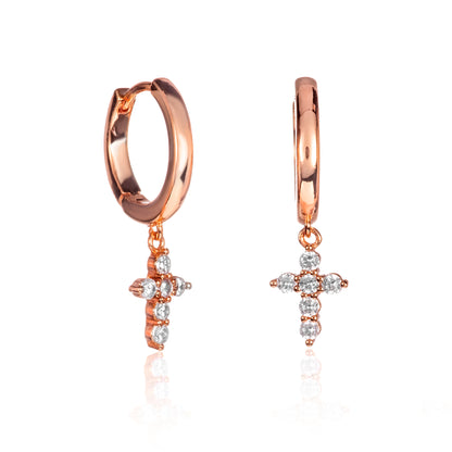 Rose Gold Plated Hoop Earrings with Cross Charm and Cubic Zirconia