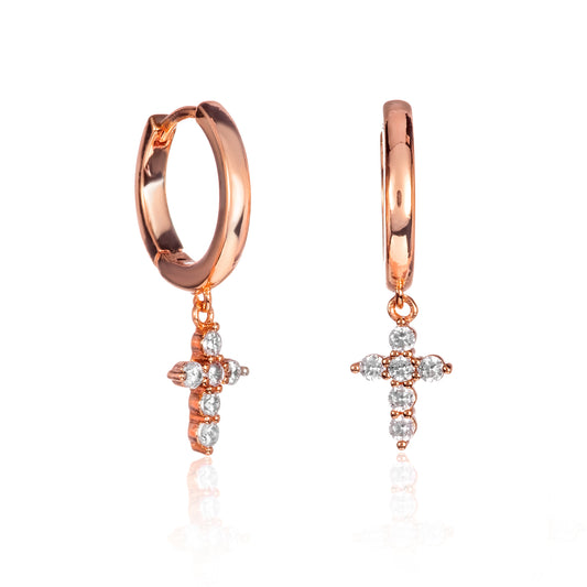 Rose Gold Plated Hoop Earrings with Cross Charm and Cubic Zirconia