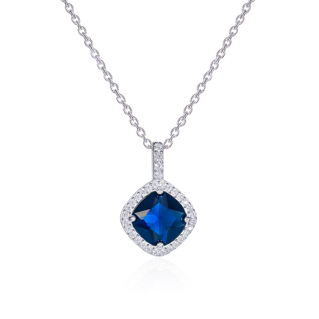 925 Sterling Silver Blue Cushion Shaped Halo Pendant Necklace For Women