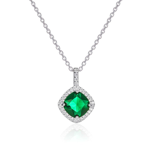 925 Sterling Silver Green Cushion Shaped Halo Pendant Necklace For Women