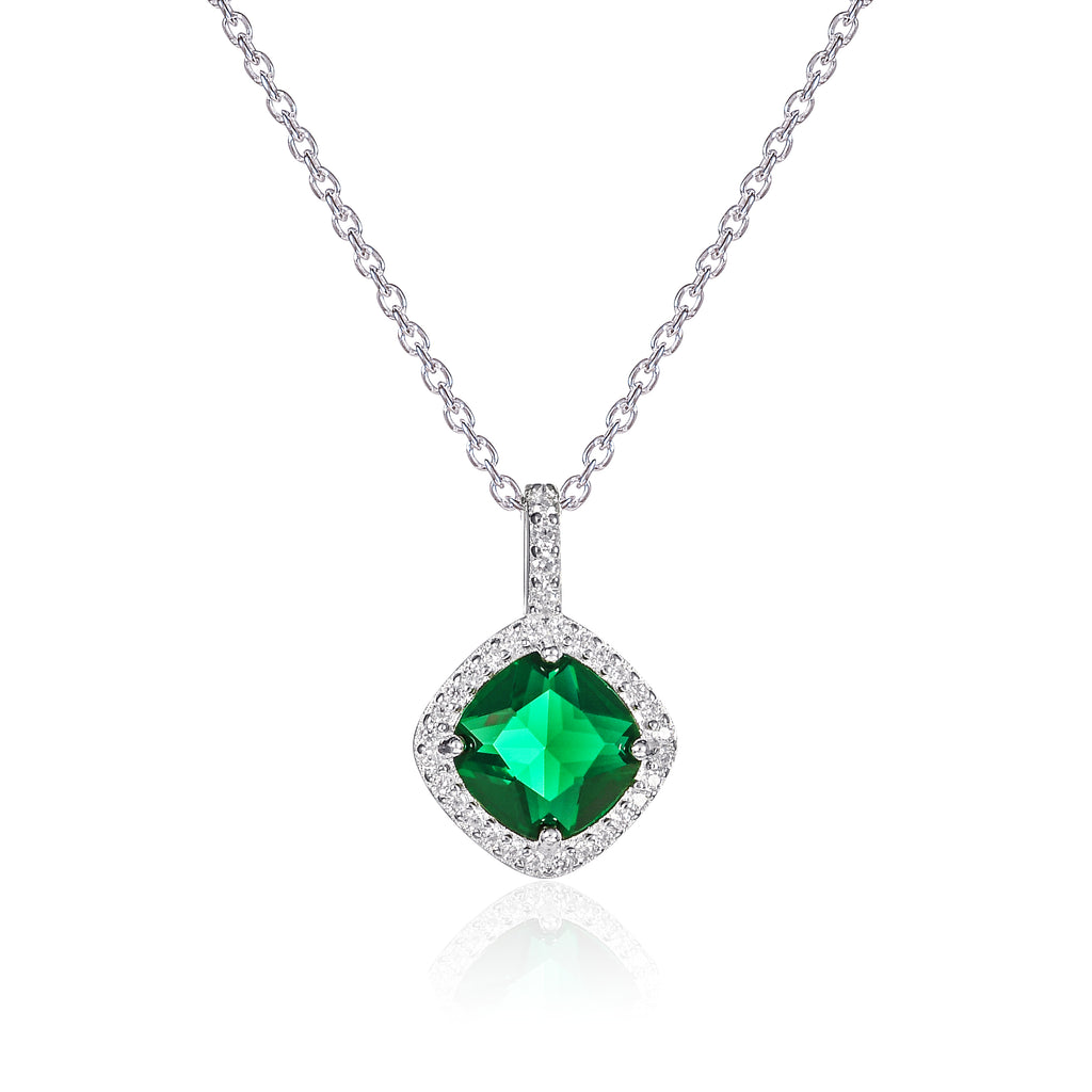 925 Sterling Silver Green Cushion Shaped Halo Pendant Necklace For Women