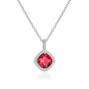 925 Sterling Silver Red Cushion Shaped Halo Pendant Necklace For Women