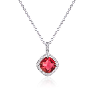 925 Sterling Silver Red Cushion Shaped Halo Pendant Necklace For Women